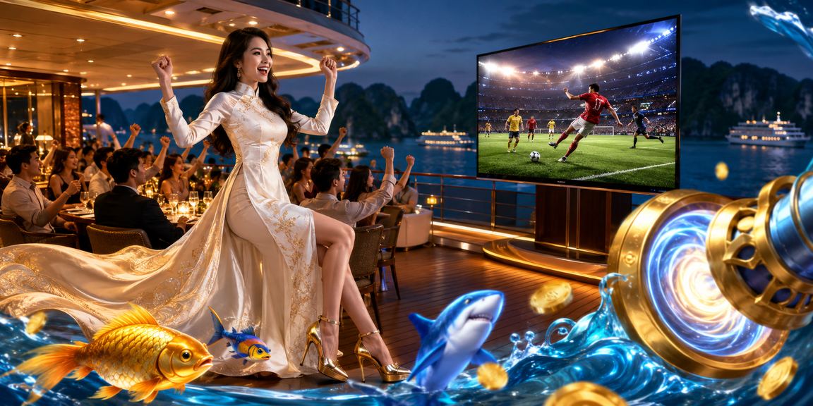 Cảnh Hạ Long Bay với người chơi game bắn cá và xổ số trên điện thoại di động