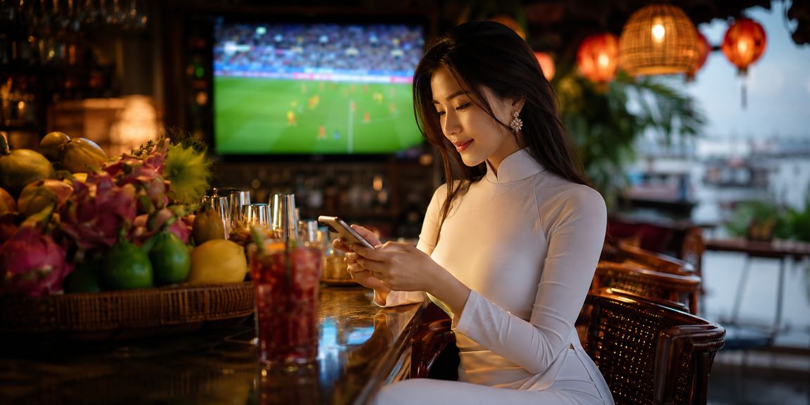 Cô gái mặc áo dài tại vùng Mekong chơi game slot và xem xổ số trực tuyến